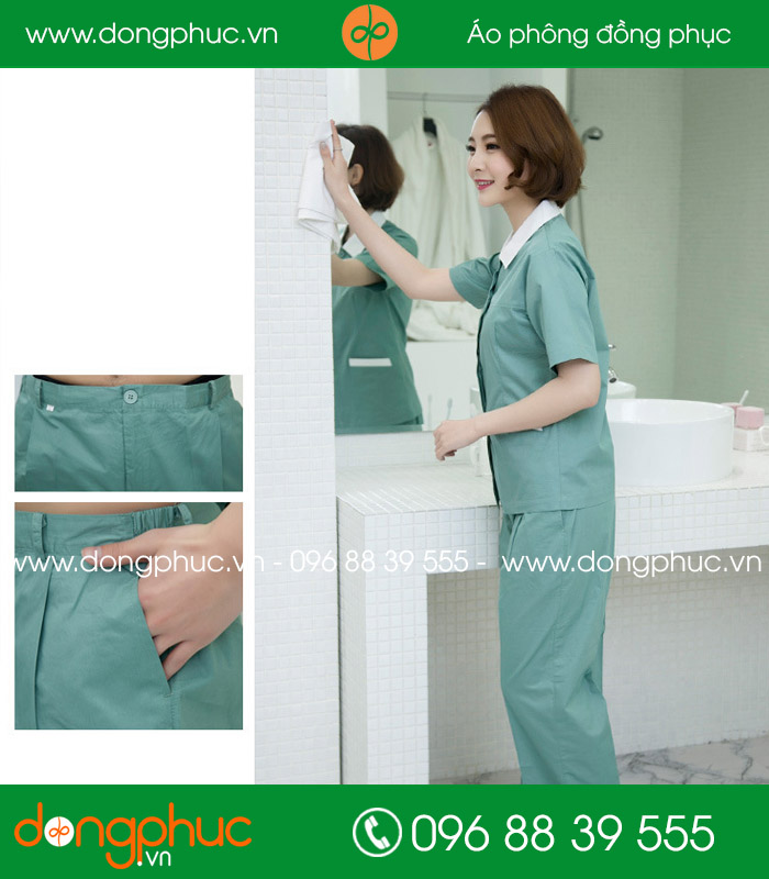Đồng phục vệ sinh màu xanh đậm cổ trắng
